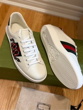 White Leather Low-Top Sneakers with Red & Black Snake Embroidery